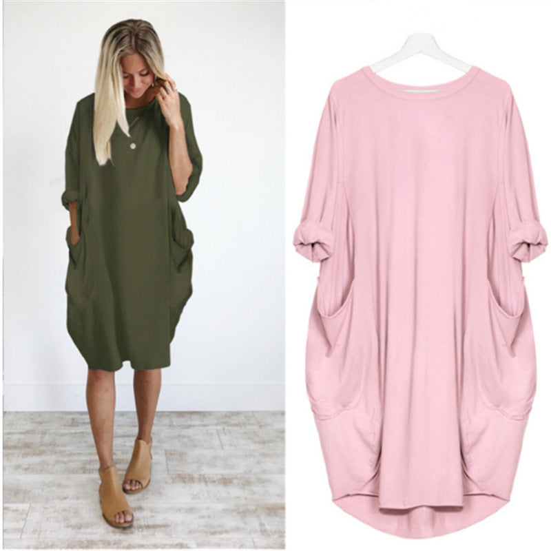 Women's Casual Loose Pockets Long Sleeve Dress Dresses
