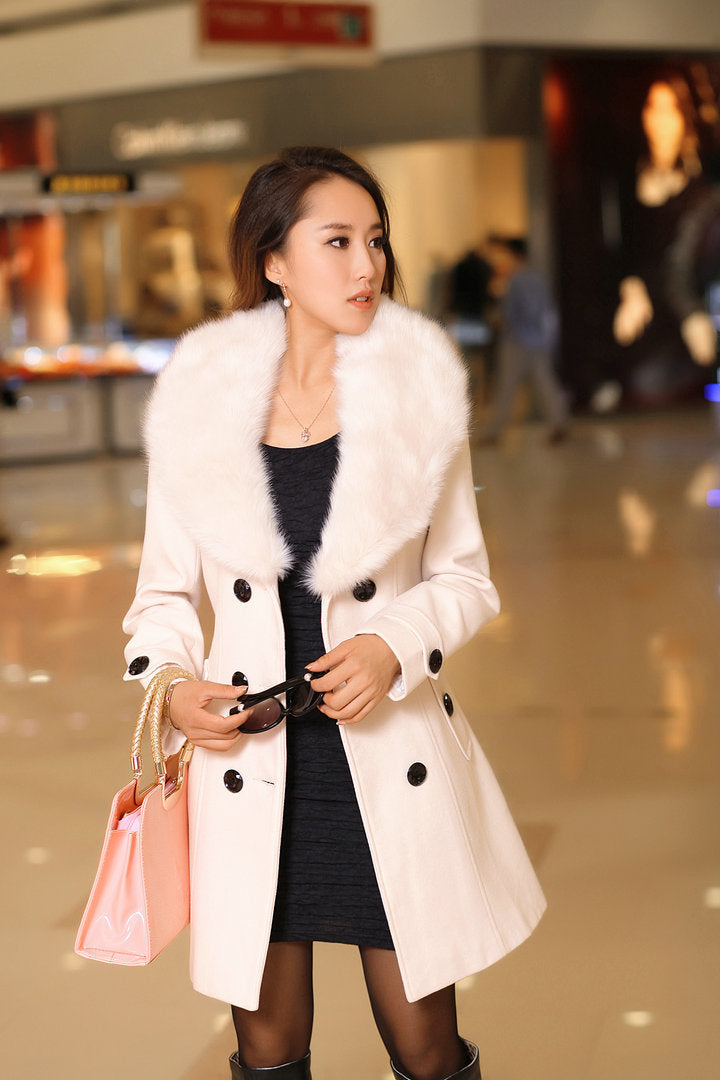 Women's Woolen Korean Double-breasted Mid-length Fur Collar Coats