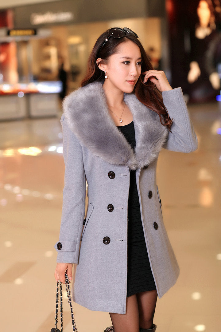 Women's Woolen Korean Double-breasted Mid-length Fur Collar Coats