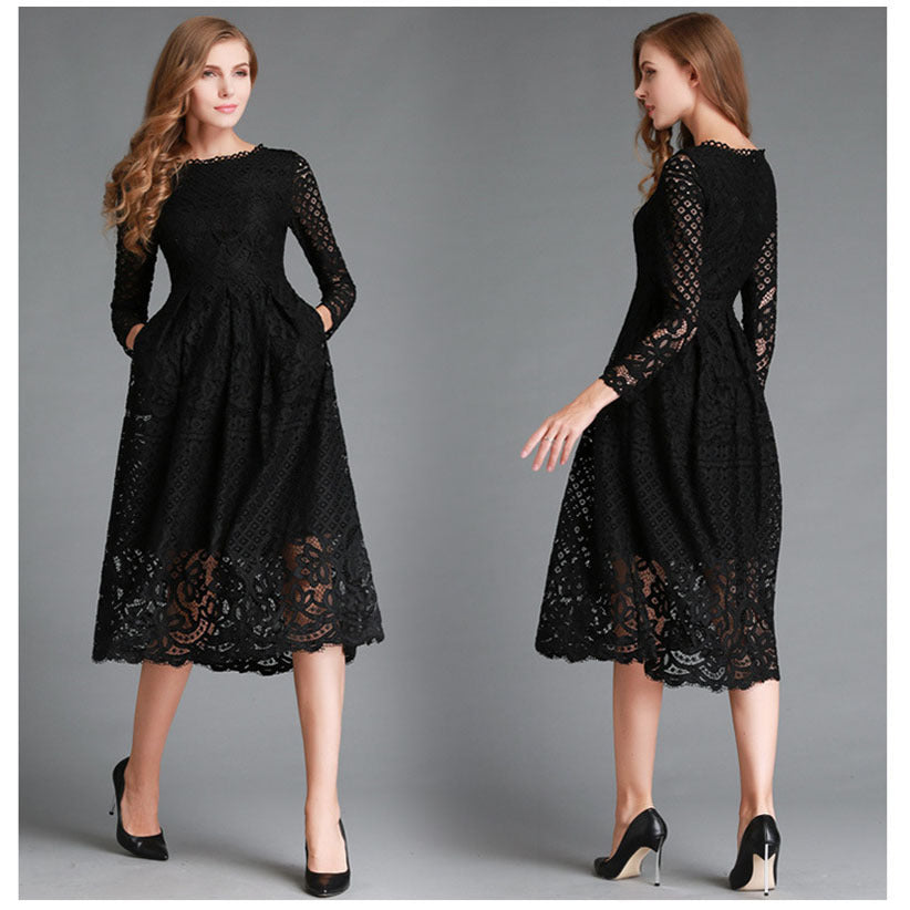 Women's Autumn Round Neck Simple Hollow Lace Long Dress