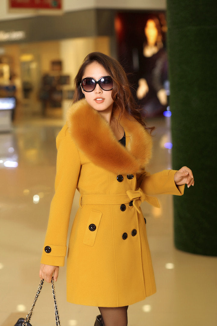 Women's Woolen Korean Double-breasted Mid-length Fur Collar Coats