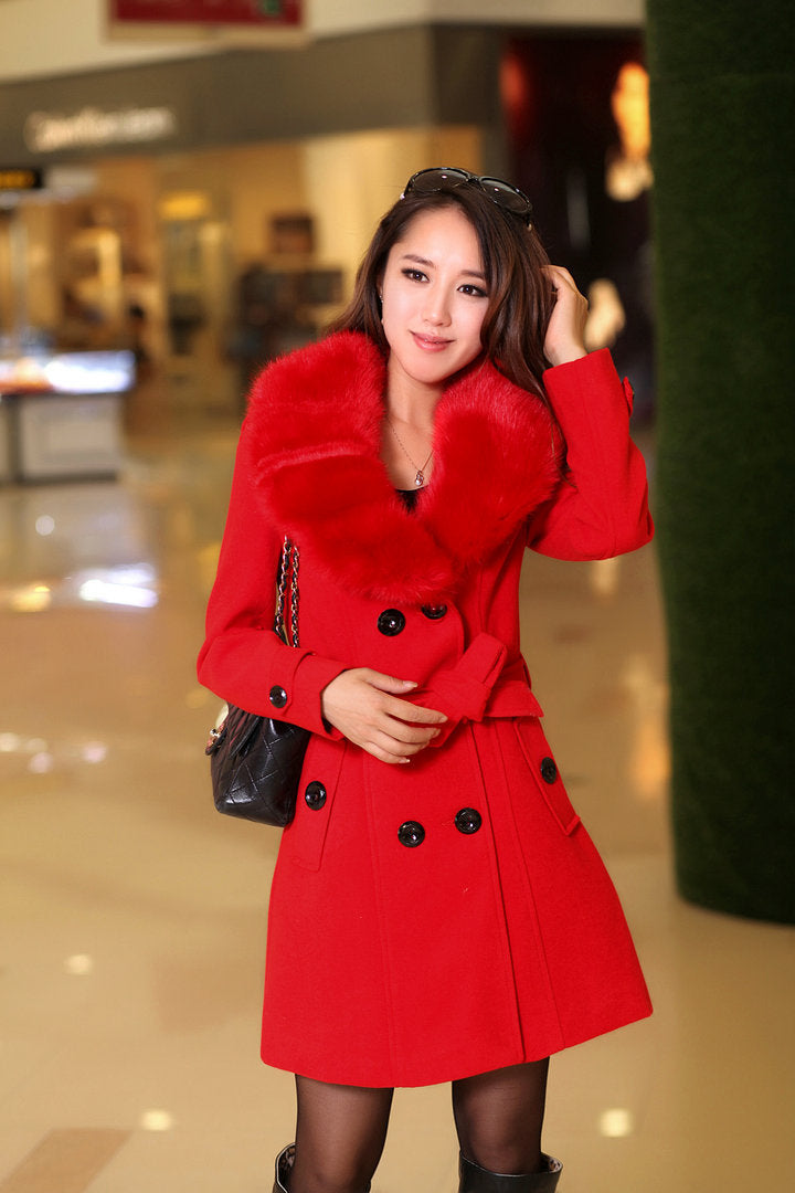 Women's Woolen Korean Double-breasted Mid-length Fur Collar Coats
