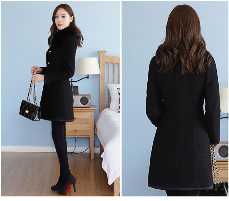 Women's Mid-length Woolen With Korean Fur Collar Coats