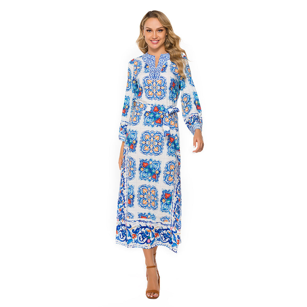 Women's Bohemian Beach Dress Blue White Porcelain Dresses