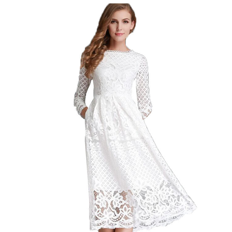 Women's Autumn Round Neck Simple Hollow Lace Long Dress
