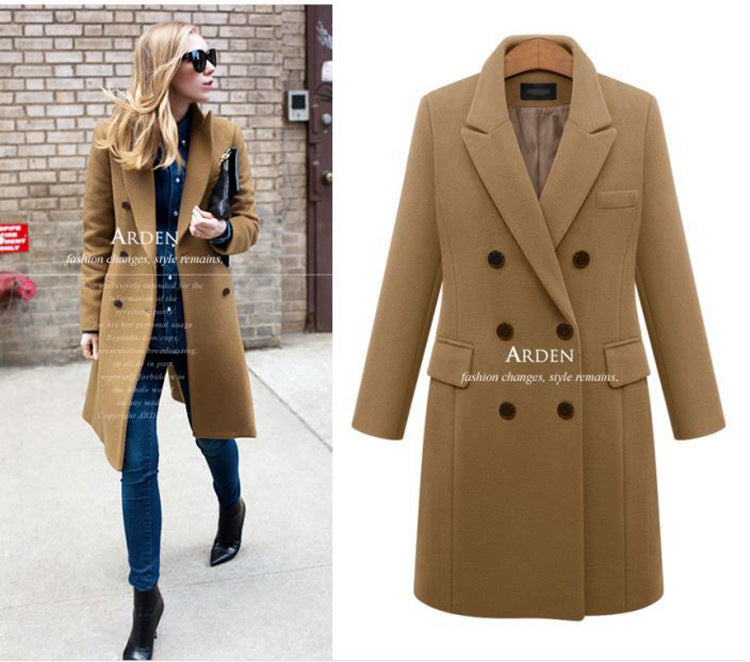 Women's Classic Fashion Mid-length Woolen Double-breasted Coats