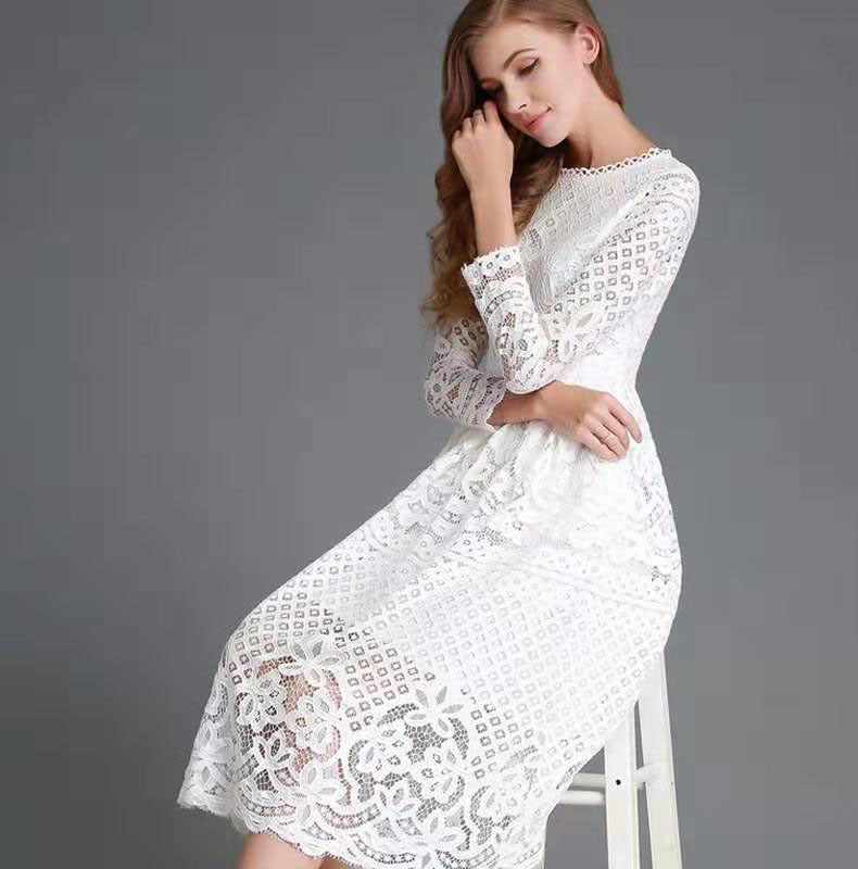 Women's Autumn Round Neck Simple Hollow Lace Long Dress