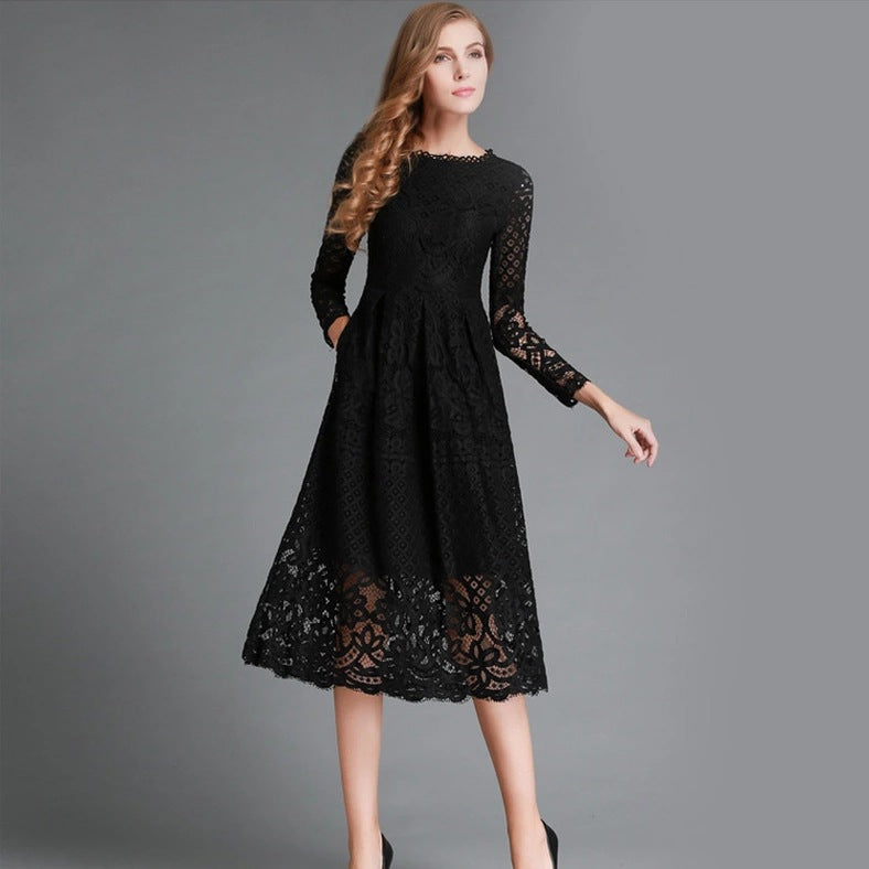 Women's Autumn Round Neck Simple Hollow Lace Long Dress