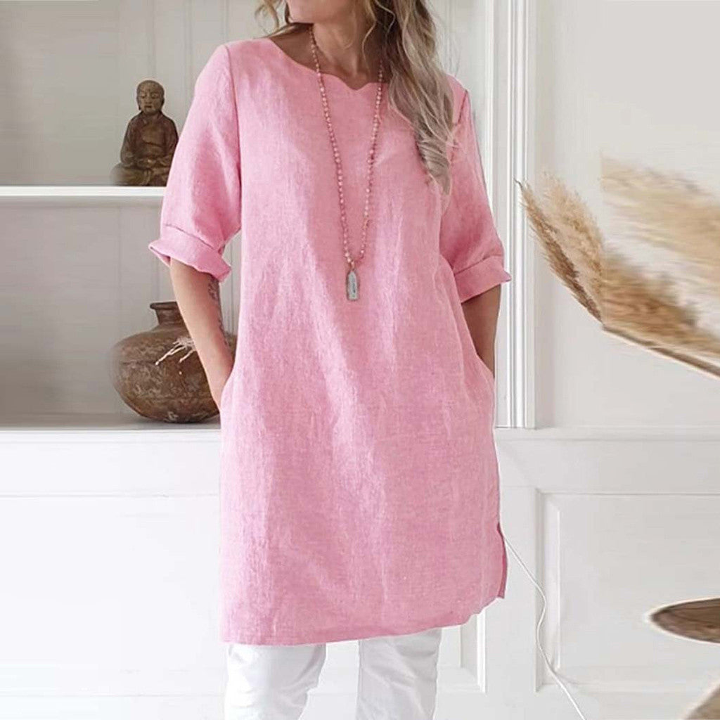 Women's Solid Color Cotton Linen Sleeve Round Neck Dress