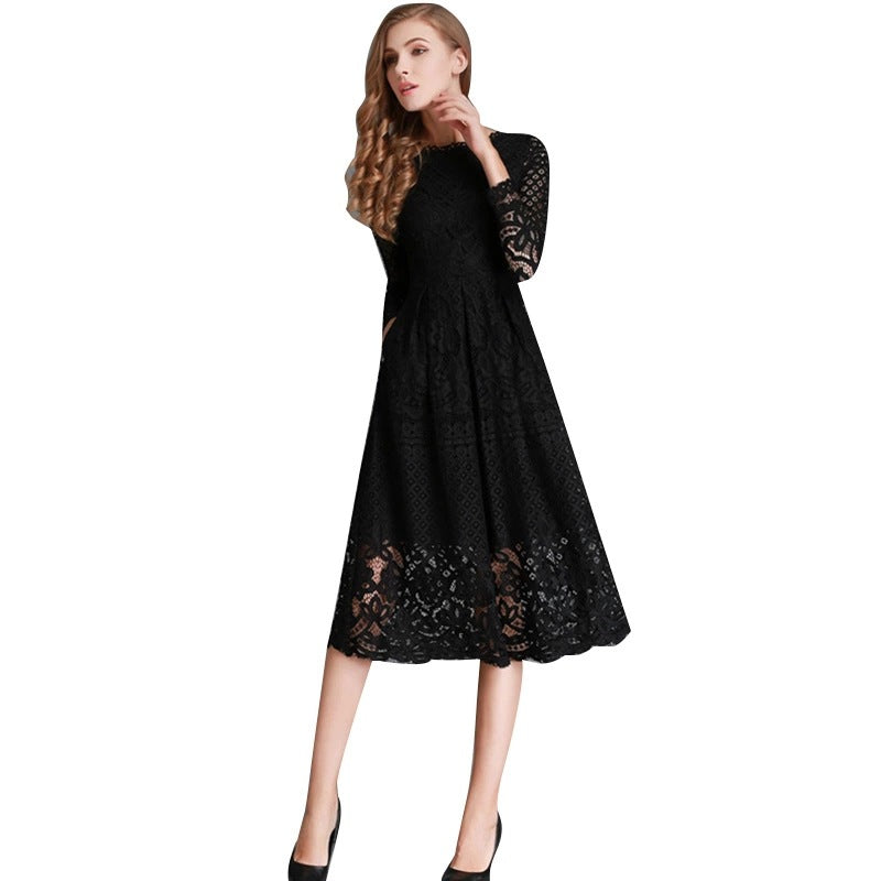 Women's Autumn Round Neck Simple Hollow Lace Long Dress