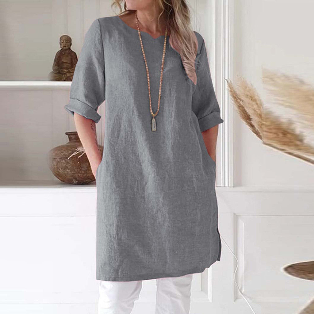 Women's Solid Color Cotton Linen Sleeve Round Neck Dress