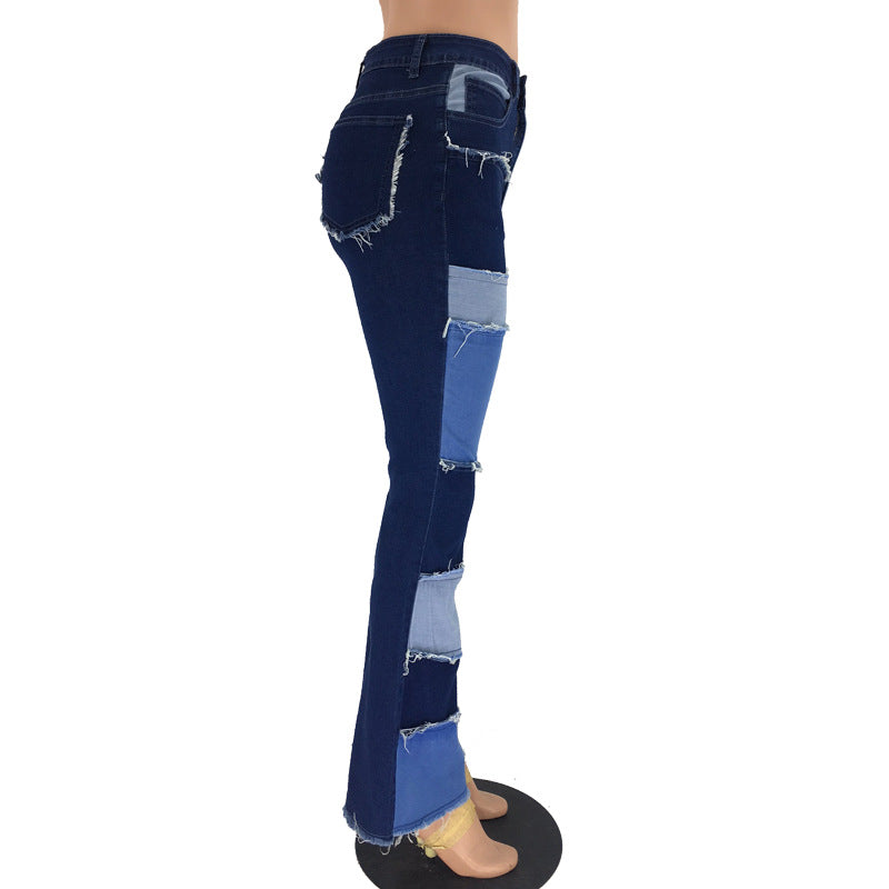 Women's Autumn Fashion Color Contrast Patchwork High Waist Jeans