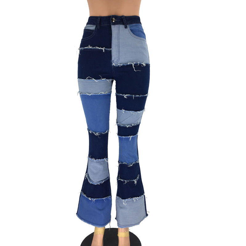 Women's Autumn Fashion Color Contrast Patchwork High Waist Jeans