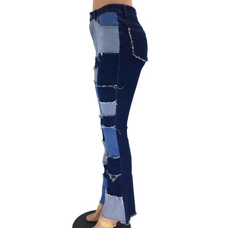 Women's Autumn Fashion Color Contrast Patchwork High Waist Jeans