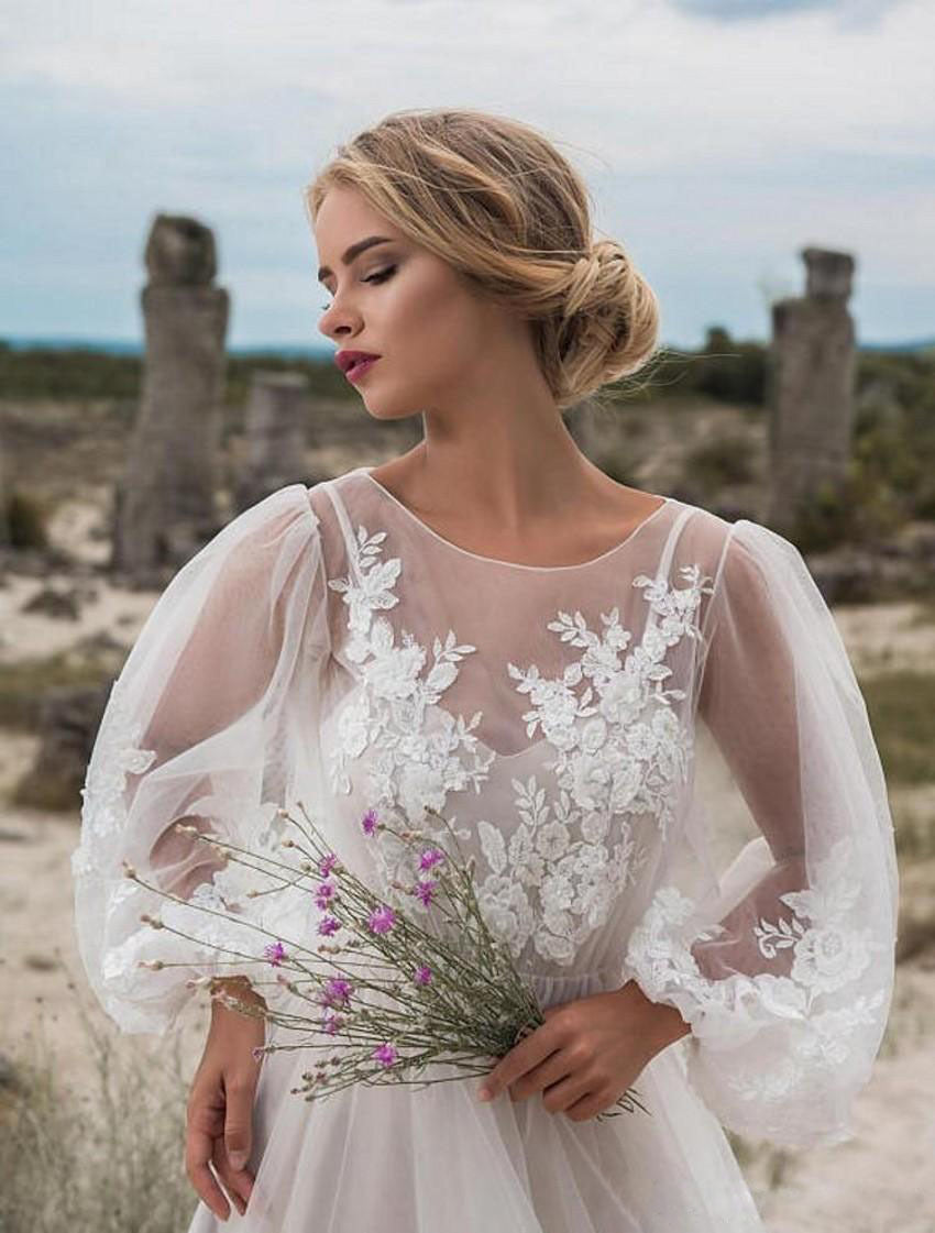 Women's Neck Puff Sleeve Mesh Embroidered One-piece Dresses