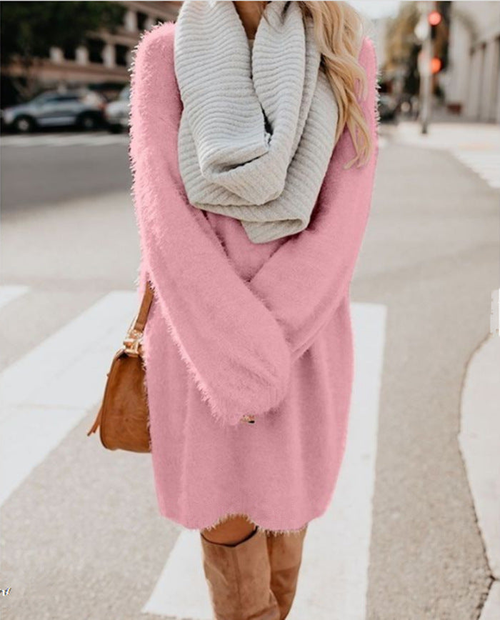 Women's Long Sleeve Round Neck Loose Plush Dresses