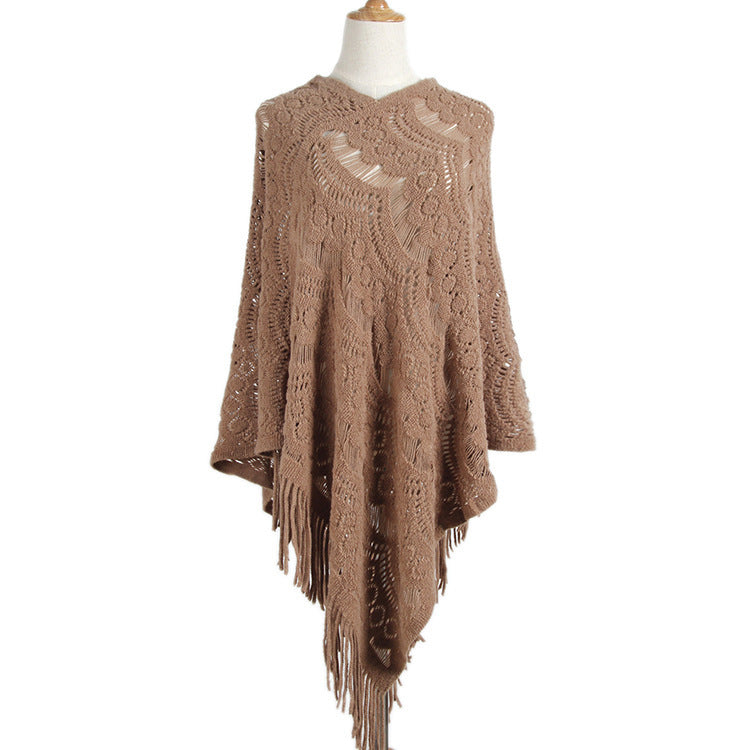 Women's Mid-length Crocheted Irregular Tassel Pullover Cape Women's Sweater