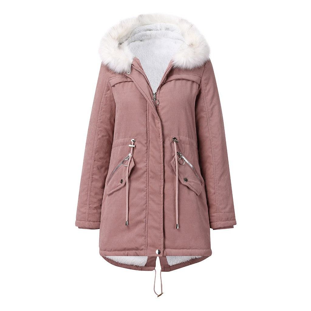 Women's Fur Collar Parka Mid-length Hooded Winter Warm Veet Woman Coats