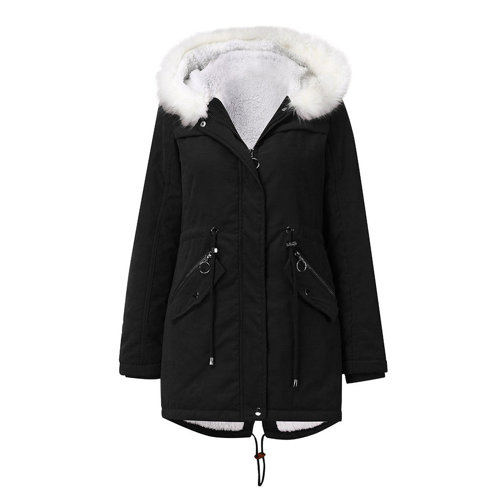 Women's Fur Collar Parka Mid-length Hooded Winter Warm Veet Woman Coats