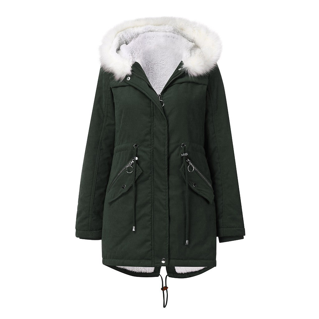Women's Fur Collar Parka Mid-length Hooded Winter Warm Veet Woman Coats