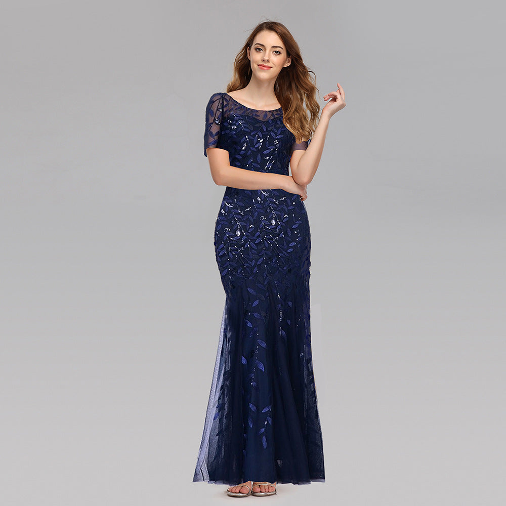 Women's Banquet Host Mesh Sequins Dress Fishtail Dresses