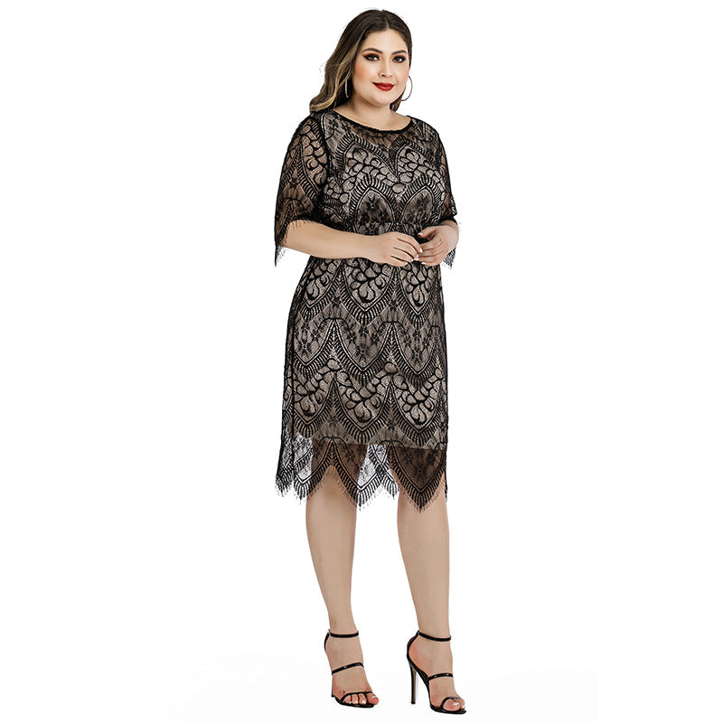 Women's Large Lace Fat Waist Slimming Mini Midi Dress