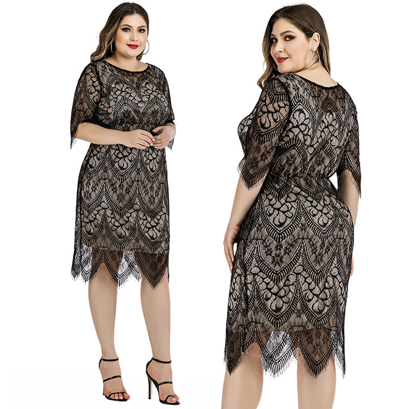Women's Large Lace Fat Waist Slimming Mini Midi Dress