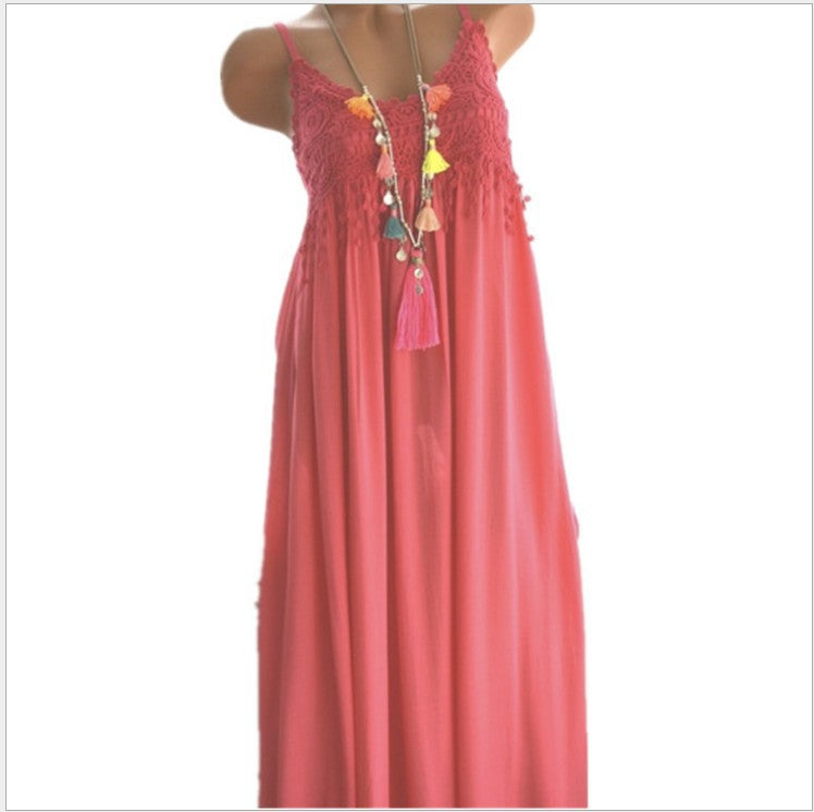 Sexy Lace Stitching Solid Color Mid-length Dress