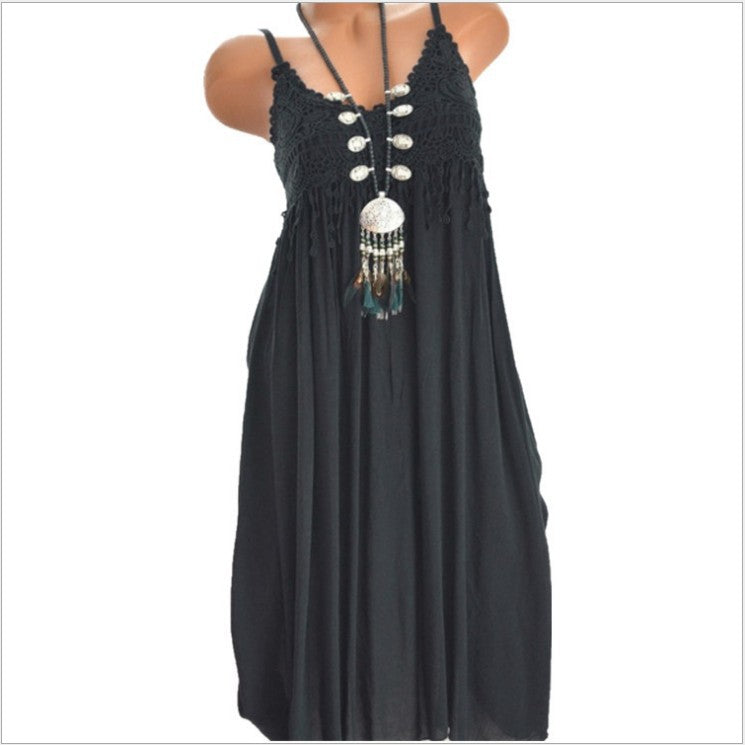 Sexy Lace Stitching Solid Color Mid-length Dress