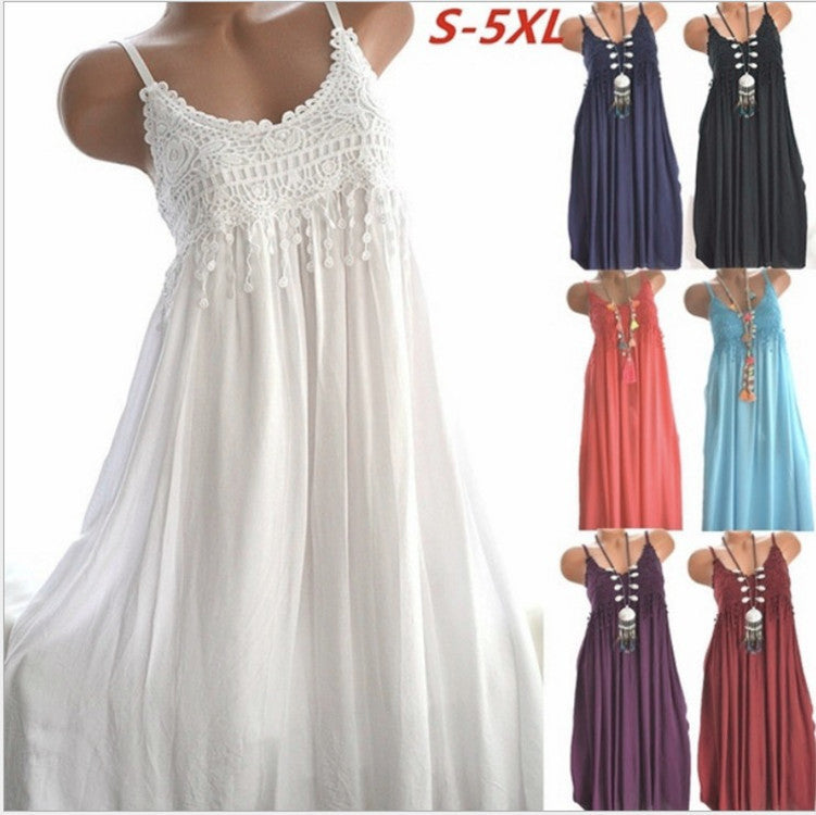 Sexy Lace Stitching Solid Color Mid-length Dress