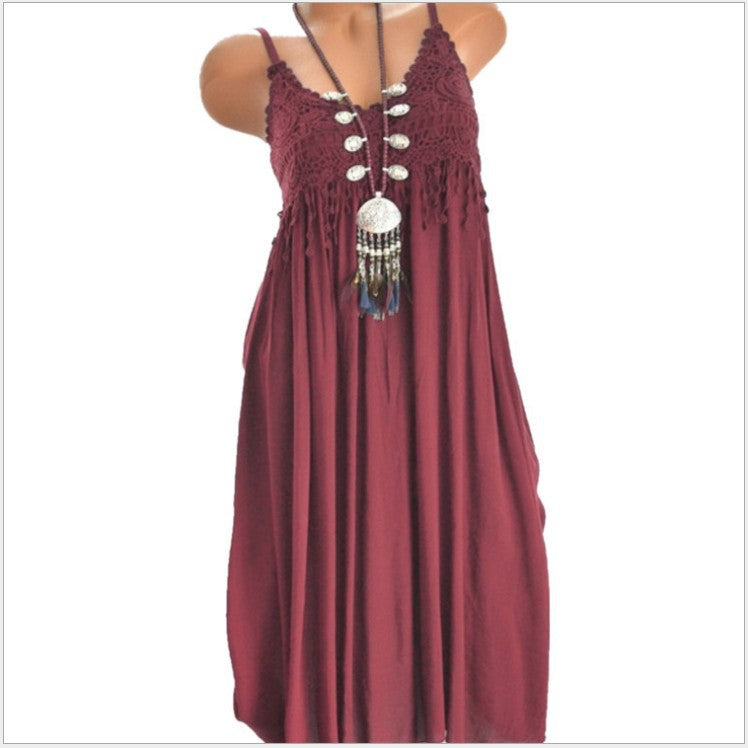 Sexy Lace Stitching Solid Color Mid-length Dress
