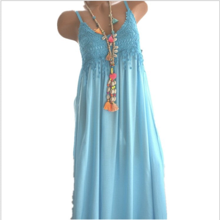 Sexy Lace Stitching Solid Color Mid-length Dress
