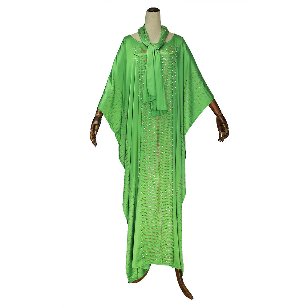 Women's Beaded Silk Satin Round Neck Wide Batwing Sleeve Plus Size