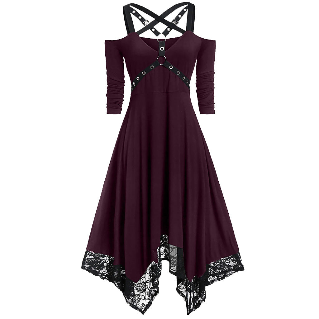 Punk Solid Color Large Lace Trim Long Sleeve Dress
