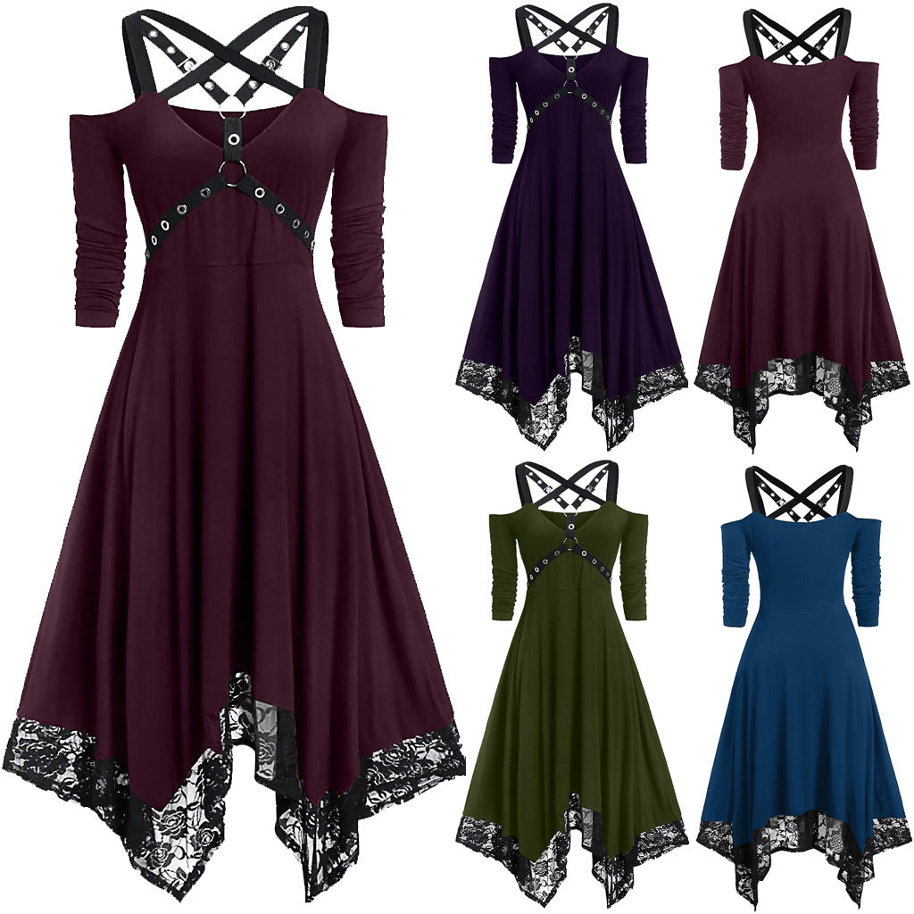 Punk Solid Color Large Lace Trim Long Sleeve Dress