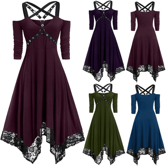 Punk Solid Color Large Lace Trim Long Sleeve Dress