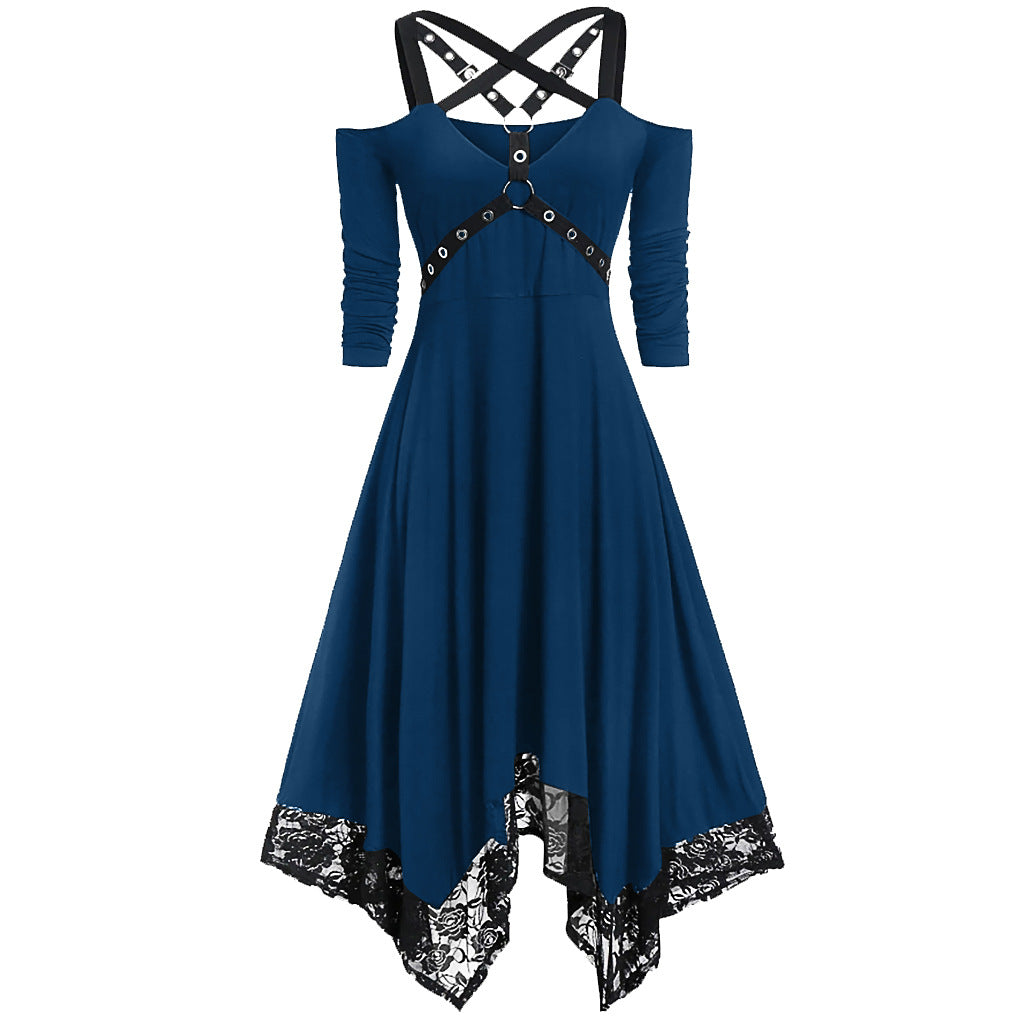 Punk Solid Color Large Lace Trim Long Sleeve Dress