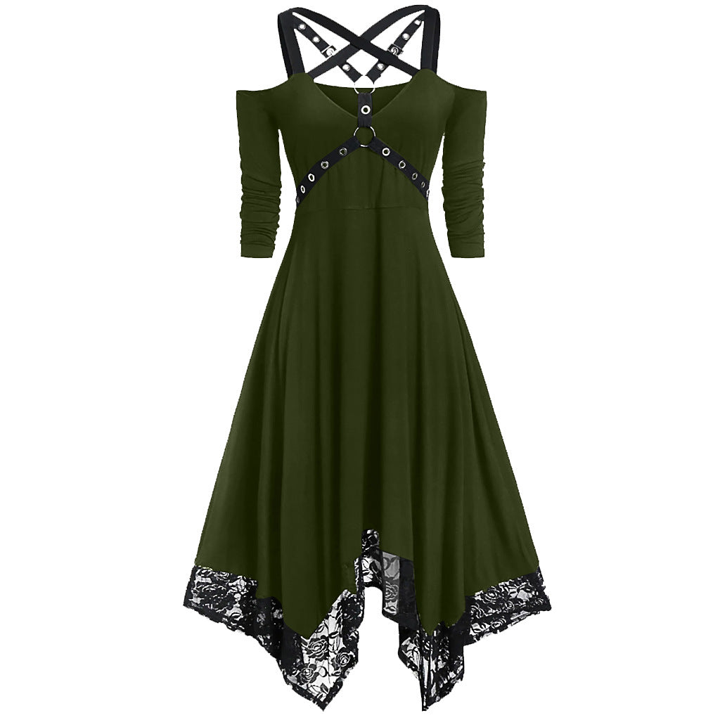 Punk Solid Color Large Lace Trim Long Sleeve Dress