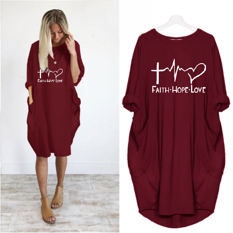 Women's Round Neck Heartbeat Print Loose Slimming Dress
