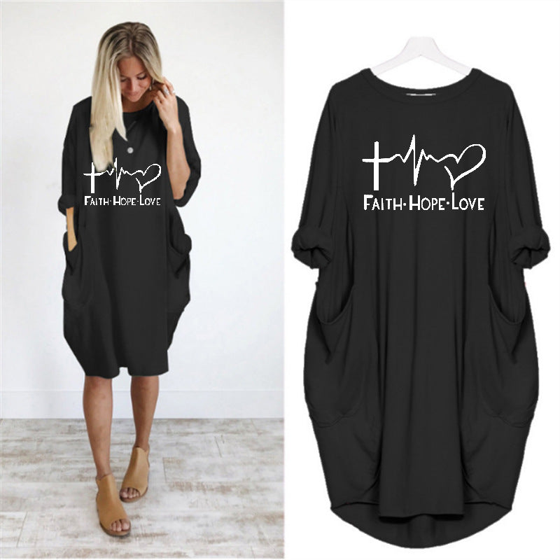 Women's Round Neck Heartbeat Print Loose Slimming Dress
