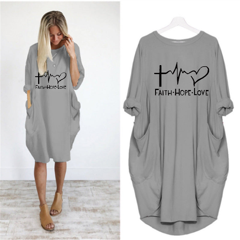 Women's Round Neck Heartbeat Print Loose Slimming Dress