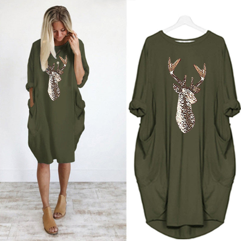 Women's Summer Round Neck Loose Color Deer Head Dress