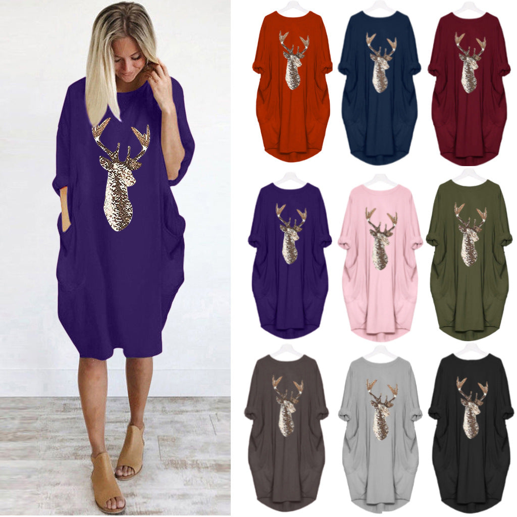 Women's Summer Round Neck Loose Color Deer Head Dress