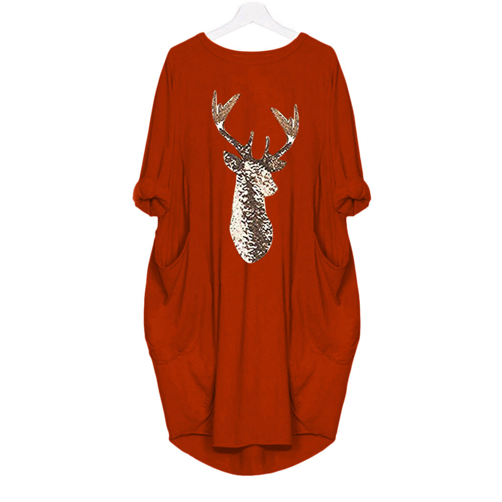 Women's Summer Round Neck Loose Color Deer Head Dress