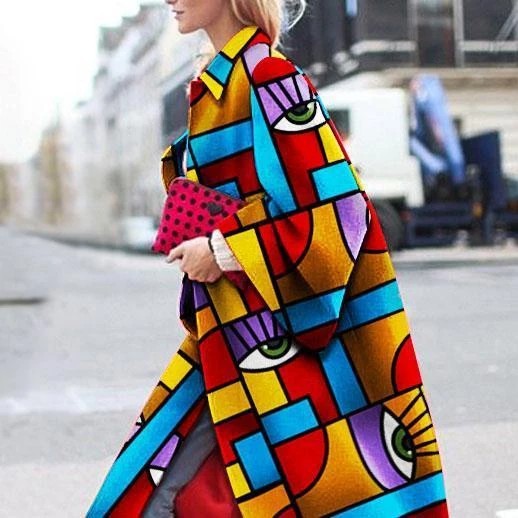Women's Long Bell Sleeve Printed Loose Trench Coats