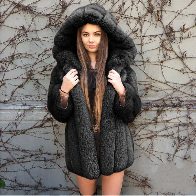 Women's Fur Fox Faux Hooded Stitching Mid-length Coats