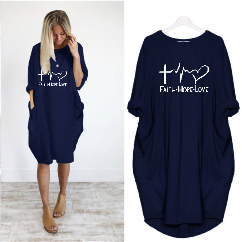 Women's Round Neck Heartbeat Print Loose Slimming Dress