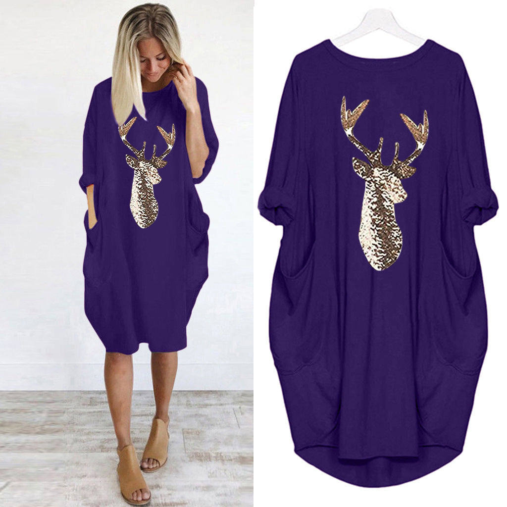 Women's Summer Round Neck Loose Color Deer Head Dress