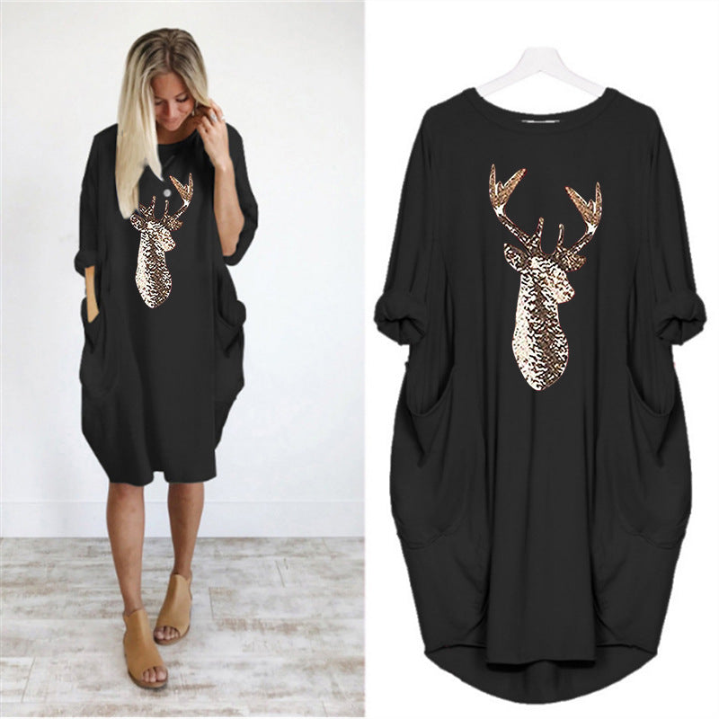 Women's Summer Round Neck Loose Color Deer Head Dress
