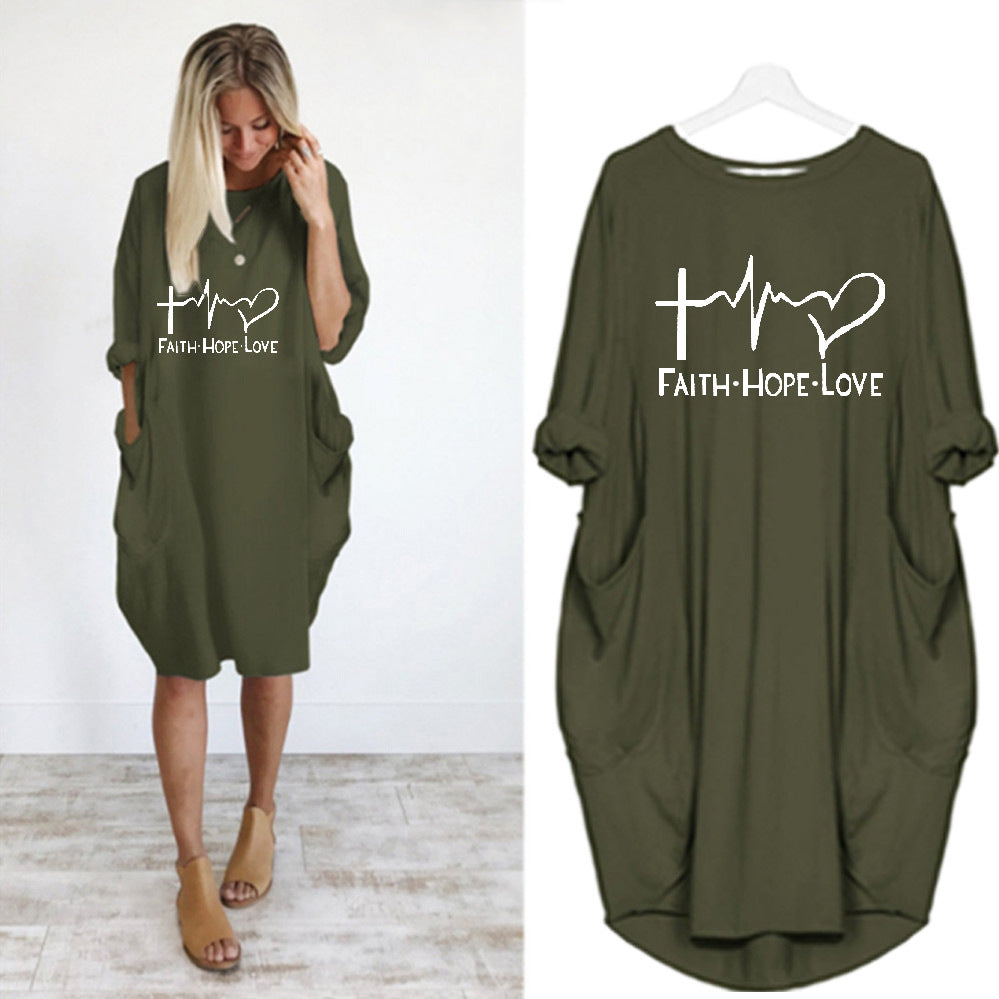 Women's Round Neck Heartbeat Print Loose Slimming Dress